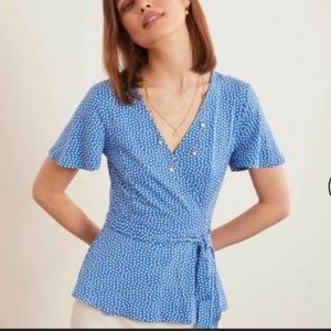 Boden Bluewhite Polka Dot Short Sleeve Wrap Top